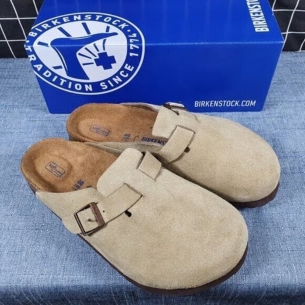 Birkenstock Boston taupe suede mule clogs 40 narrow